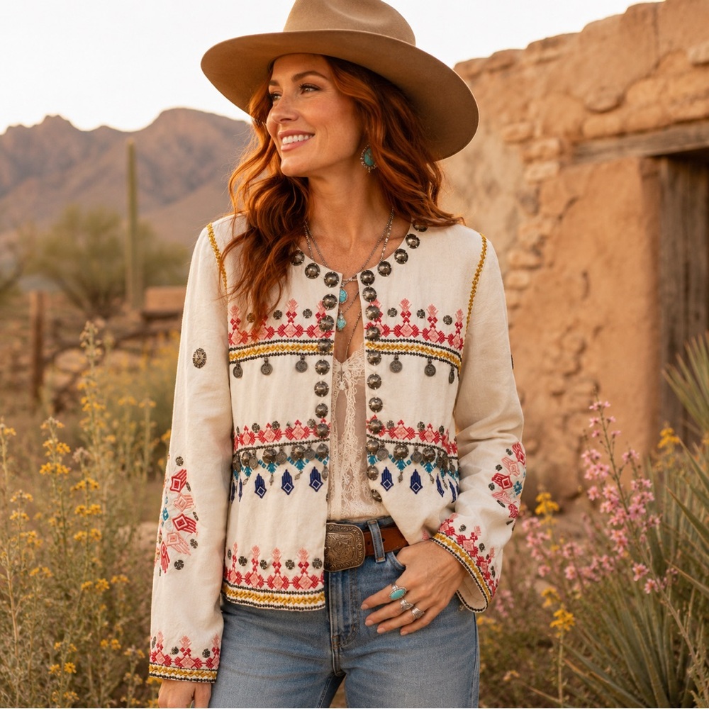 Nina Kaufmann Handmade Embroidered Coin Jacket L Western Festival Ecru NKG2134